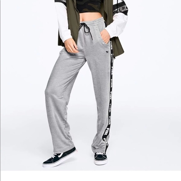 VS PINK OPEN LEG BOYFRIEND FIT TRACK PANTS GREY SM - Picture 1 of 4